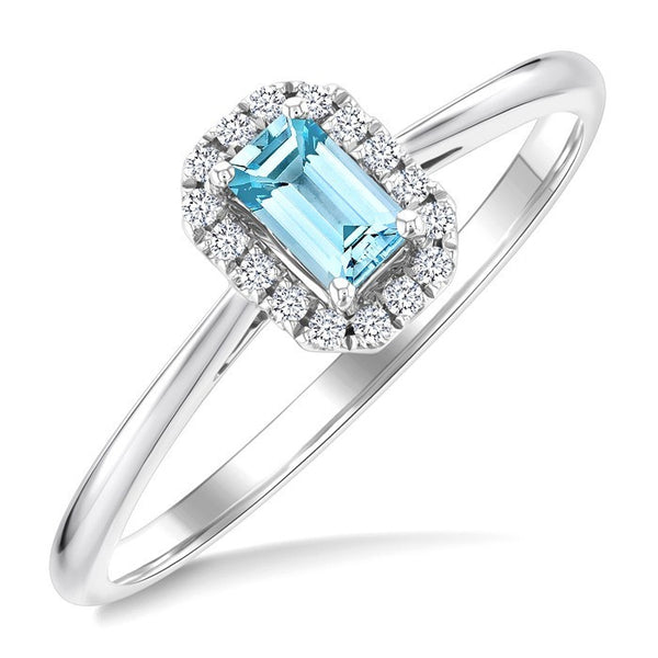 5x3 MM Octagonal Shape Aquamarine and 1/20 Ctw Round Cut Diamond Halo Semi-Precious Ring in 10K White Gold