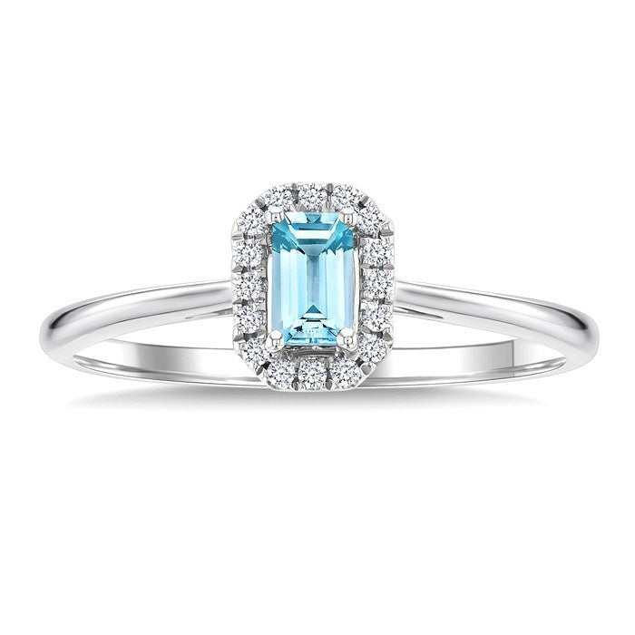 5x3 MM Octagonal Shape Aquamarine and 1/20 Ctw Round Cut Diamond Halo Semi-Precious Ring in 10K White Gold