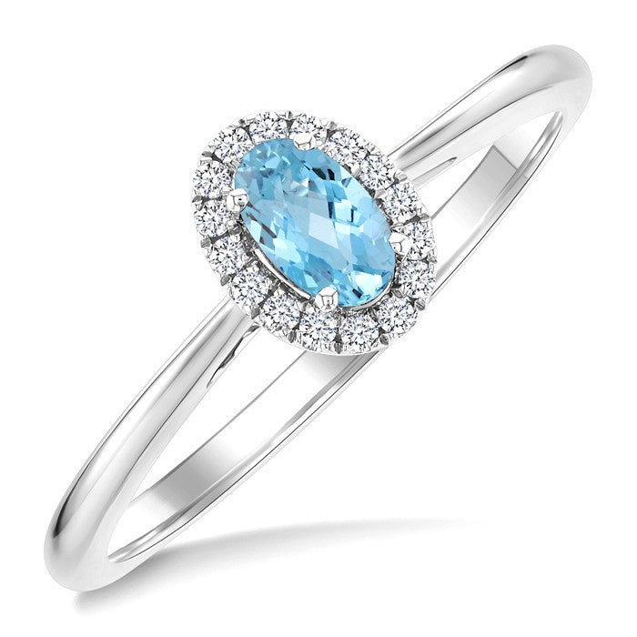 5x3 MM Oval Shape Aquamarine and 1/20 Ctw Round Cut Diamond Halo Semi-Precious Ring in 10K White Gold