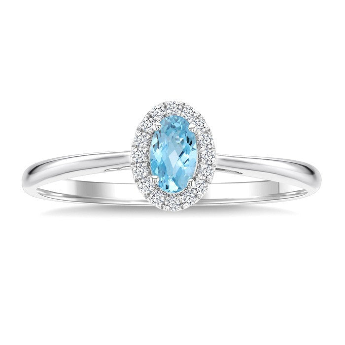 5x3 MM Oval Shape Aquamarine and 1/20 Ctw Round Cut Diamond Halo Semi-Precious Ring in 10K White Gold