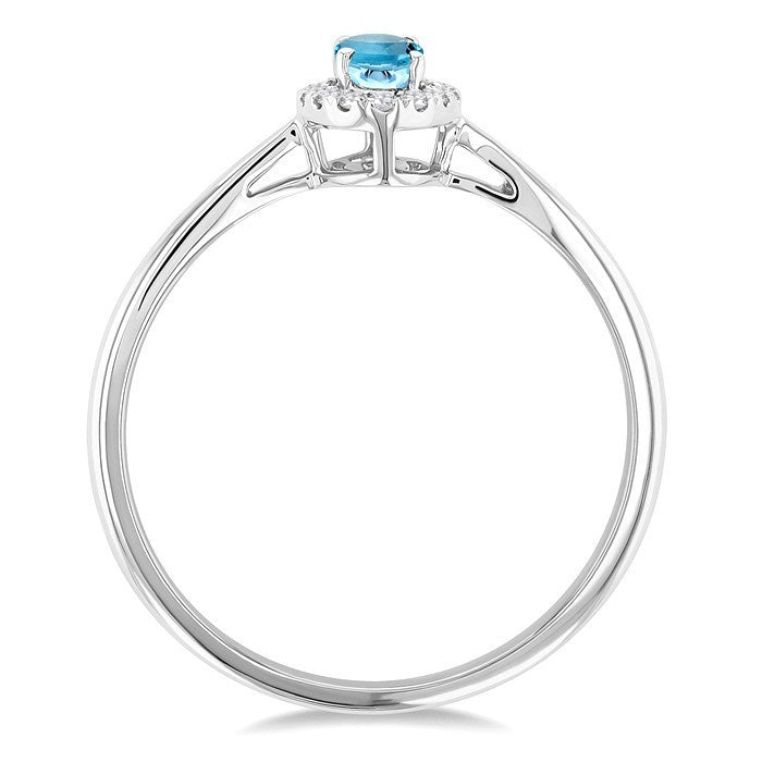 5x3 MM Oval Shape Aquamarine and 1/20 Ctw Round Cut Diamond Halo Semi-Precious Ring in 10K White Gold