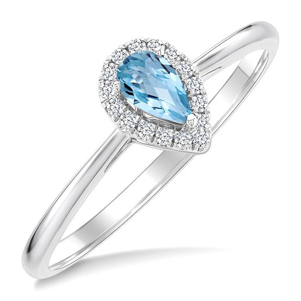 5x3 MM Pear Shape Aquamarine and 1/20 Ctw Round Cut Diamond Halo Semi-Precious Ring in 10K White Gold