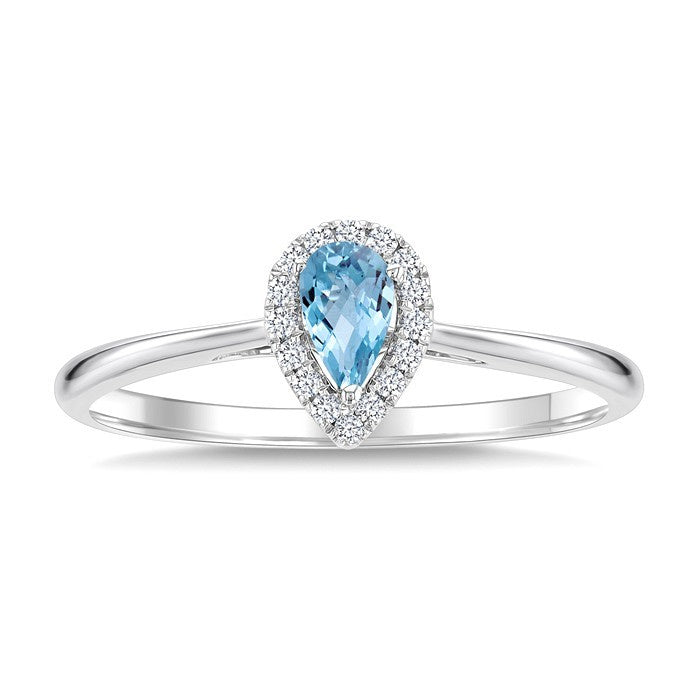 5x3 MM Pear Shape Aquamarine and 1/20 Ctw Round Cut Diamond Halo Semi-Precious Ring in 10K White Gold