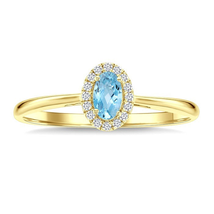 5x3 MM Oval Shape Aquamarine and 1/20 Ctw Round Cut Diamond Halo Semi-Precious Ring in 10K Yellow Gold