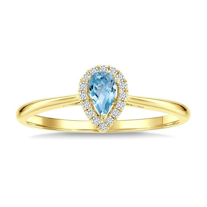 5x3 MM Pear Shape Aquamarine and 1/20 Ctw Round Cut Diamond Halo Semi-Precious Ring in 10K Yellow Gold