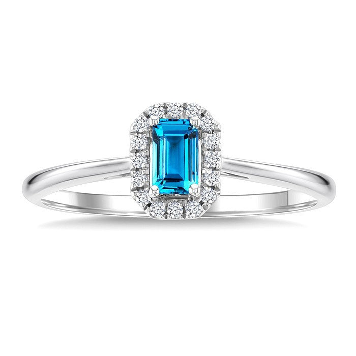 5x3 MM Octagonal Shape Blue Topaz and 1/20 Ctw Round Cut Diamond Halo Semi-Precious Ring in 10K White Gold