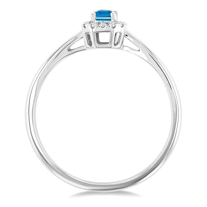 5x3 MM Octagonal Shape Blue Topaz and 1/20 Ctw Round Cut Diamond Halo Semi-Precious Ring in 10K White Gold