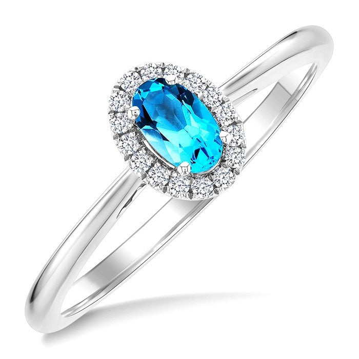 5x3 MM Oval Shape Blue Topaz and 1/20 Ctw Round Cut Diamond Halo Semi-Precious Ring in 10K White Gold