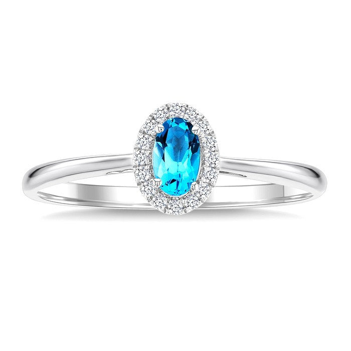 5x3 MM Oval Shape Blue Topaz and 1/20 Ctw Round Cut Diamond Halo Semi-Precious Ring in 10K White Gold
