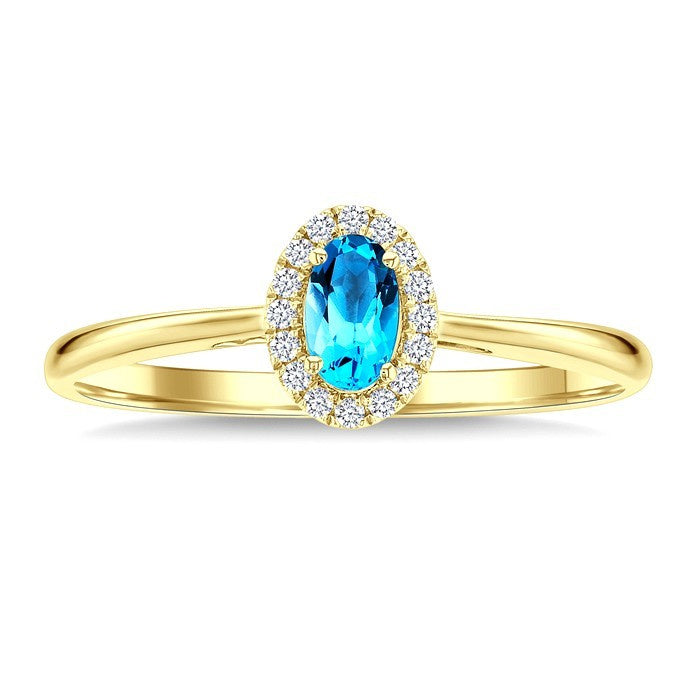 5x3 MM Oval Shape Blue Topaz and 1/20 Ctw Round Cut Diamond Halo Semi-Precious Ring in 10K Yellow Gold