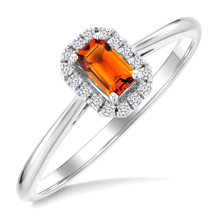 5x3 MM Octagonal Shape Citrine and 1/20 Ctw Round Cut Diamond Halo Semi-Precious Ring in 10K White Gold