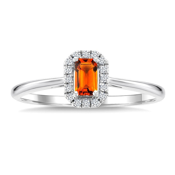 5x3 MM Octagonal Shape Citrine and 1/20 Ctw Round Cut Diamond Halo Semi-Precious Ring in 10K White Gold
