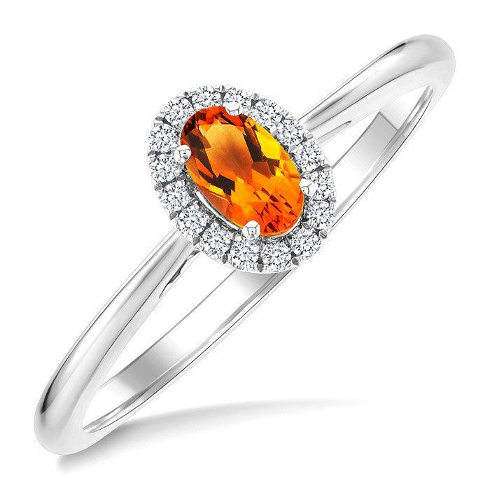 5x3 MM Oval Shape Citrine and 1/20 Ctw Round Cut Diamond Halo Semi-Precious Ring in 10K White Gold