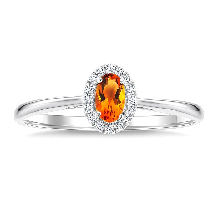 5x3 MM Oval Shape Citrine and 1/20 Ctw Round Cut Diamond Halo Semi-Precious Ring in 10K White Gold