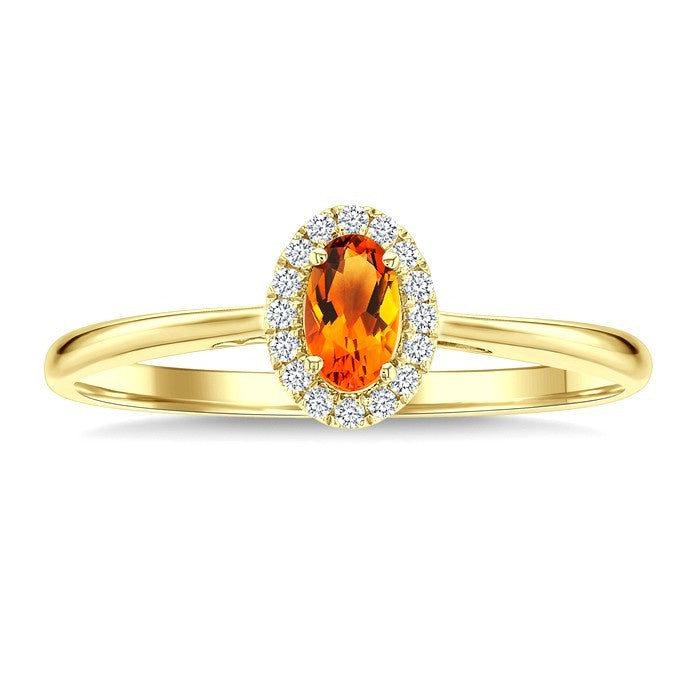 5x3 MM Oval Shape Citrine and 1/20 Ctw Round Cut Diamond Halo Semi-Precious Ring in 10K Yellow Gold