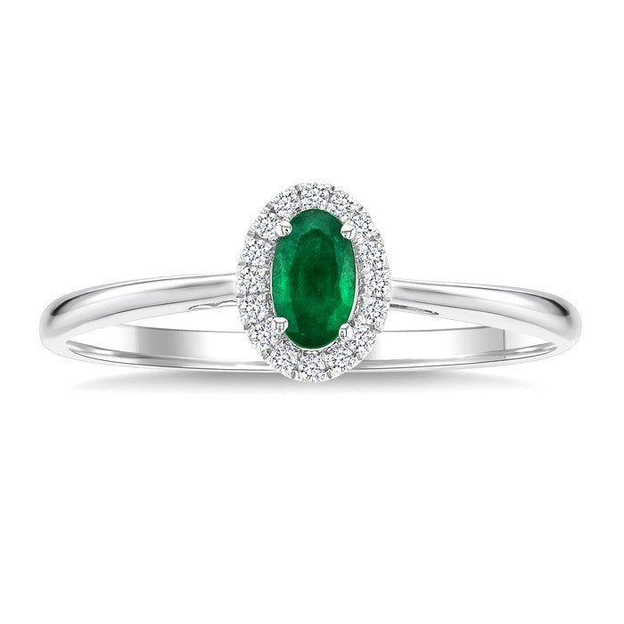 5x3 MM Oval Shape Emerald and 1/20 Ctw Round Cut Diamond Halo Precious Ring in 10K White Gold