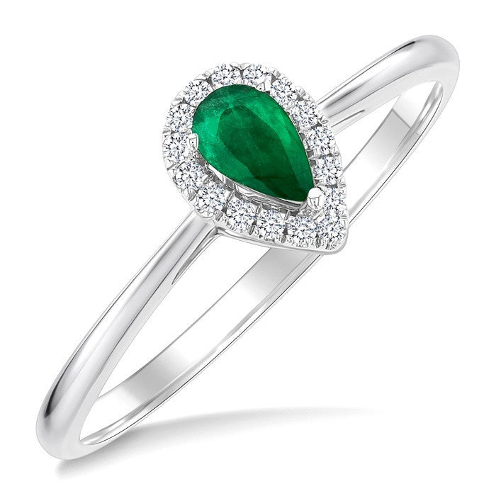 5x3 MM Pear Shape Emerald and 1/20 Ctw Round Cut Diamond Halo Precious Ring in 10K White Gold