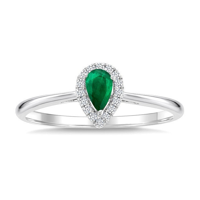5x3 MM Pear Shape Emerald and 1/20 Ctw Round Cut Diamond Halo Precious Ring in 10K White Gold