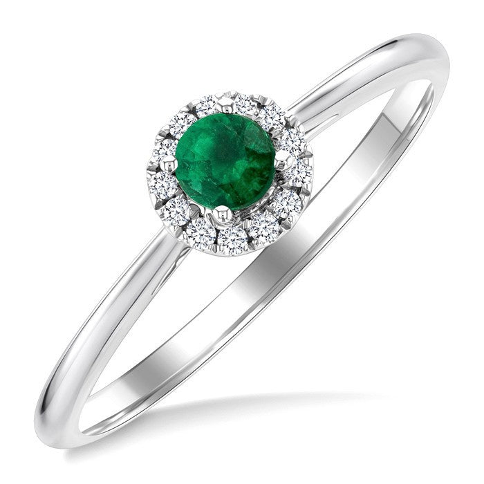 3.25 MM Round Emerald and 1/20 Ctw Round Cut Diamond Halo Precious Ring in 10K White Gold