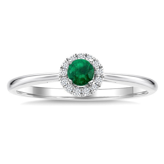 3.25 MM Round Emerald and 1/20 Ctw Round Cut Diamond Halo Precious Ring in 10K White Gold