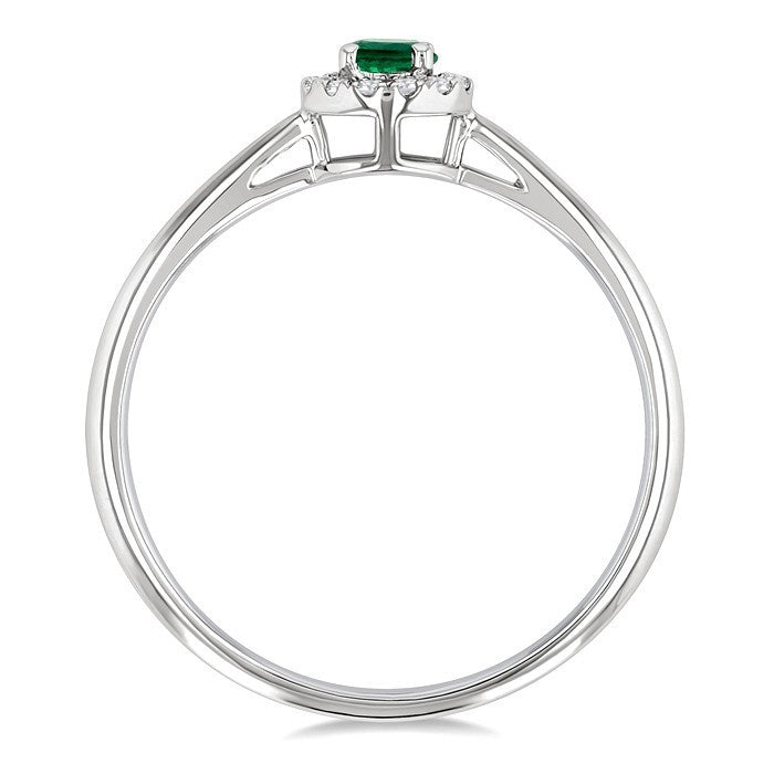 3.25 MM Round Emerald and 1/20 Ctw Round Cut Diamond Halo Precious Ring in 10K White Gold