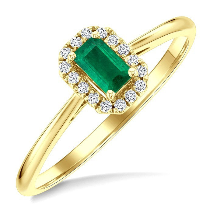 5x3 MM Octagonal Shape Emerald and 1/20 Ctw Round Cut Diamond Halo Precious Ring in 10K Yellow Gold