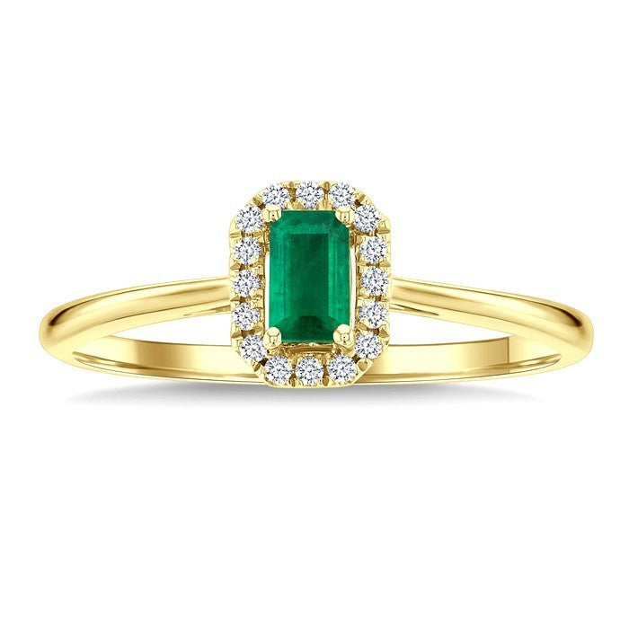 5x3 MM Octagonal Shape Emerald and 1/20 Ctw Round Cut Diamond Halo Precious Ring in 10K Yellow Gold