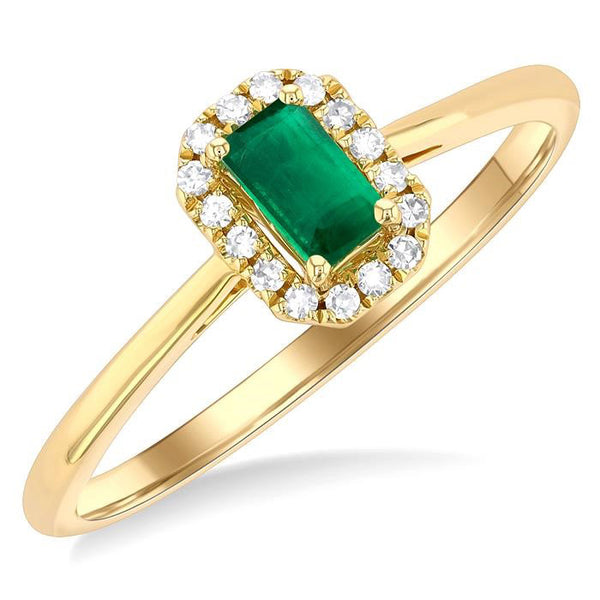 5x3 MM Octagonal Shape Emerald and 1/20 Ctw Round Cut Diamond Halo Precious Ring in 10K Yellow Gold