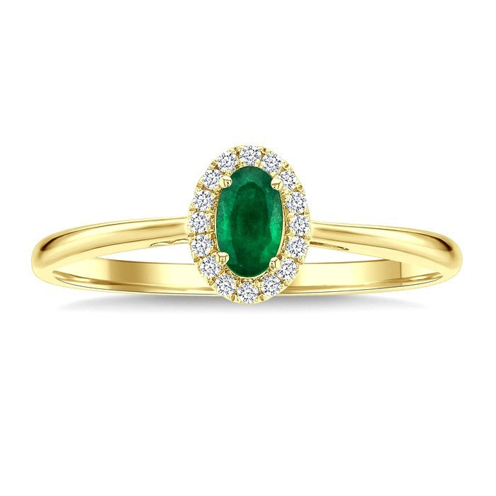 5x3 MM Oval Shape Emerald and 1/20 Ctw Round Cut Diamond Halo Precious Ring in 10K Yellow Gold