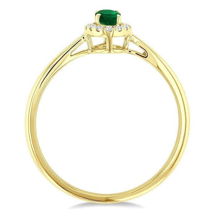 5x3 MM Oval Shape Emerald and 1/20 Ctw Round Cut Diamond Halo Precious Ring in 10K Yellow Gold