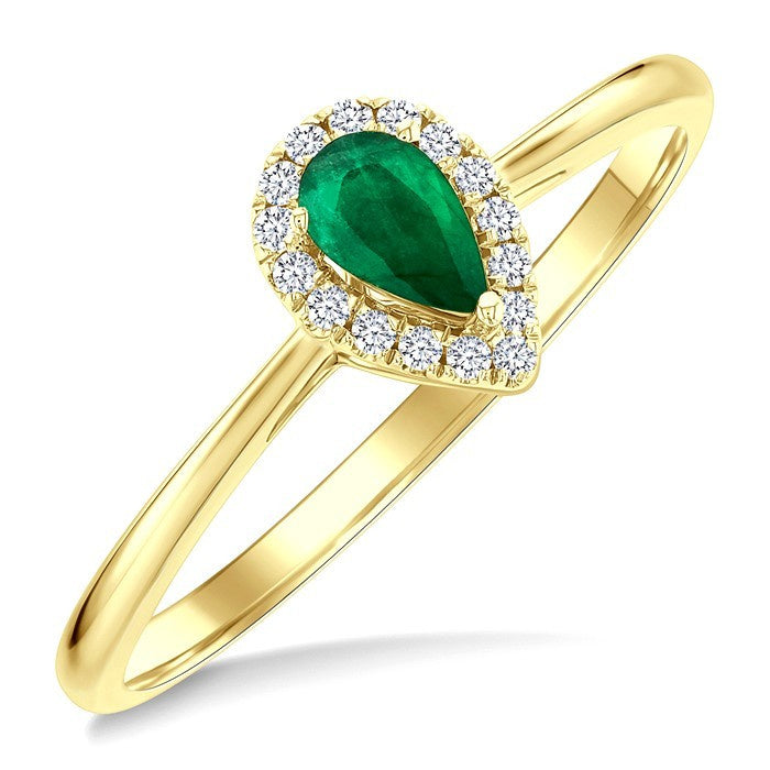 5x3 MM Pear Shape Emerald and 1/20 Ctw Round Cut Diamond Halo Precious Ring in 10K Yellow Gold