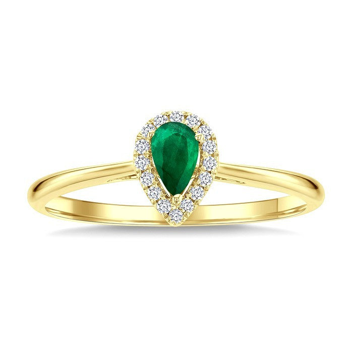 5x3 MM Pear Shape Emerald and 1/20 Ctw Round Cut Diamond Halo Precious Ring in 10K Yellow Gold