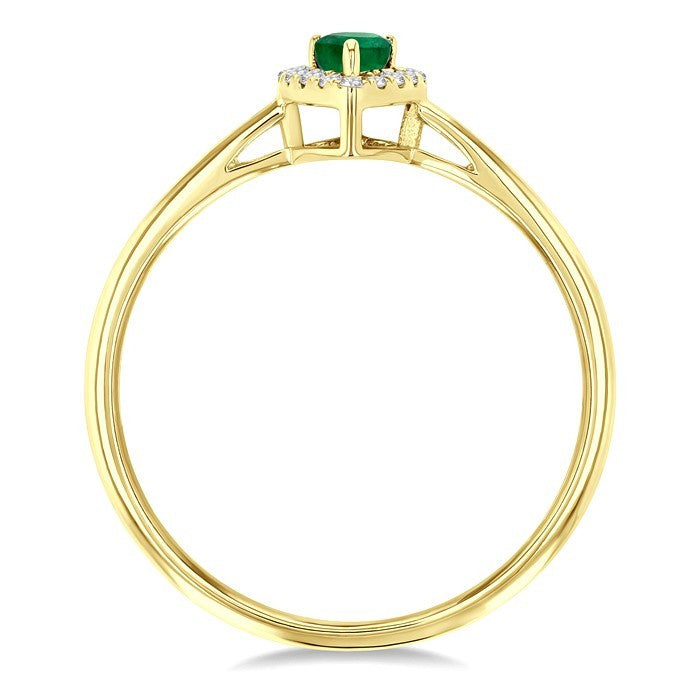 5x3 MM Pear Shape Emerald and 1/20 Ctw Round Cut Diamond Halo Precious Ring in 10K Yellow Gold