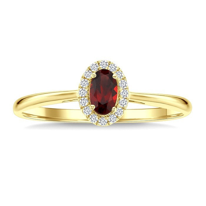 5x3 MM Oval Shape Garnet and 1/20 Ctw Round Cut Diamond Halo Semi-Precious Ring in 10K Yellow Gold