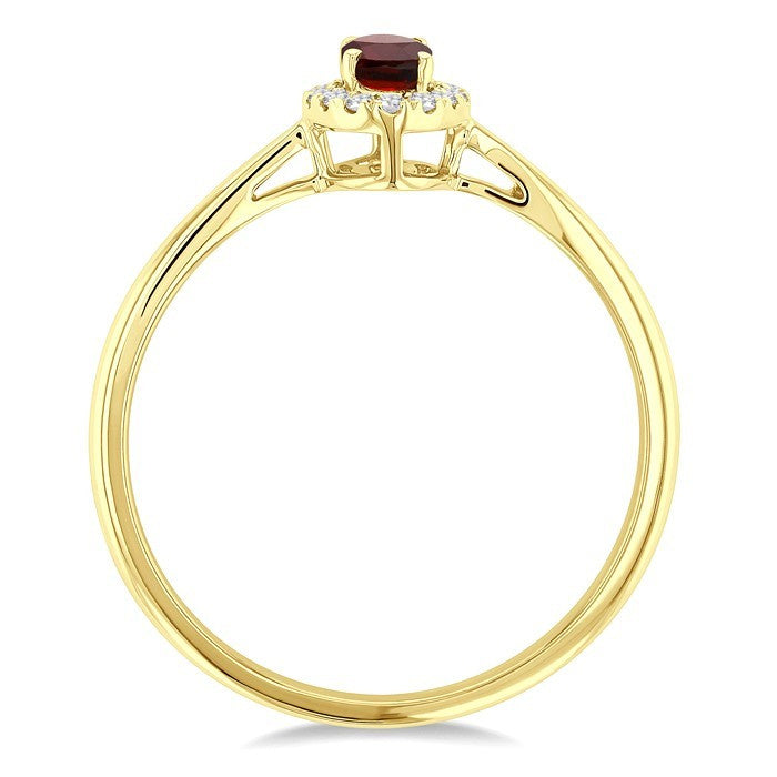 5x3 MM Oval Shape Garnet and 1/20 Ctw Round Cut Diamond Halo Semi-Precious Ring in 10K Yellow Gold