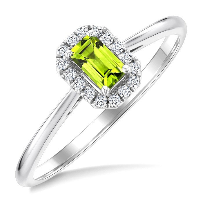5x3 MM Octagonal Shape Peridot and 1/20 Ctw Round Cut Diamond Halo Semi-Precious Ring in 10K White Gold