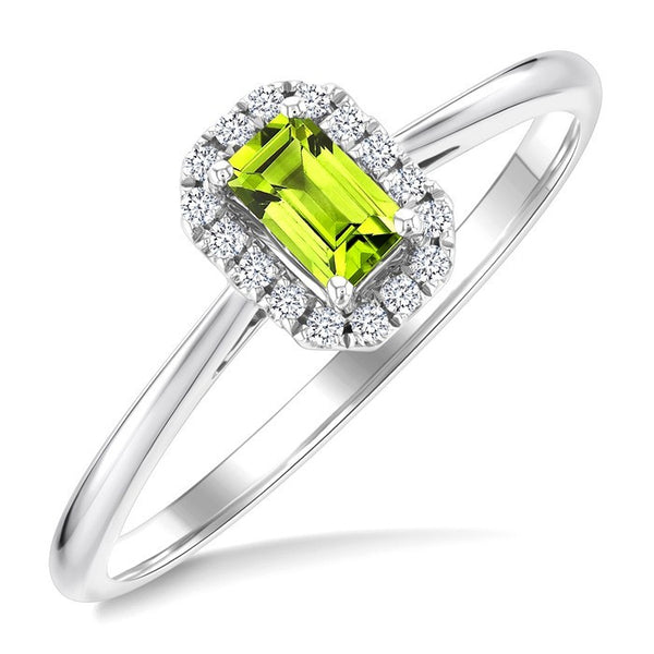 5x3 MM Octagonal Shape Peridot and 1/20 Ctw Round Cut Diamond Halo Semi-Precious Ring in 10K White Gold