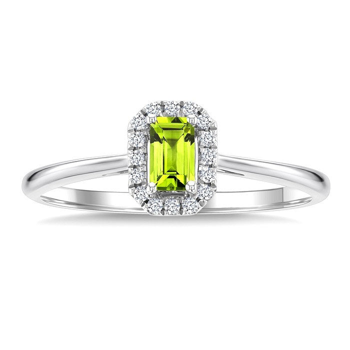 5x3 MM Octagonal Shape Peridot and 1/20 Ctw Round Cut Diamond Halo Semi-Precious Ring in 10K White Gold