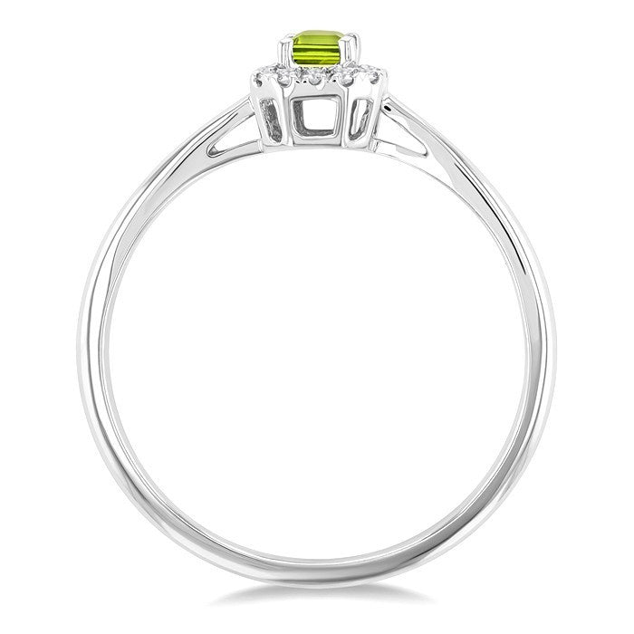 5x3 MM Octagonal Shape Peridot and 1/20 Ctw Round Cut Diamond Halo Semi-Precious Ring in 10K White Gold