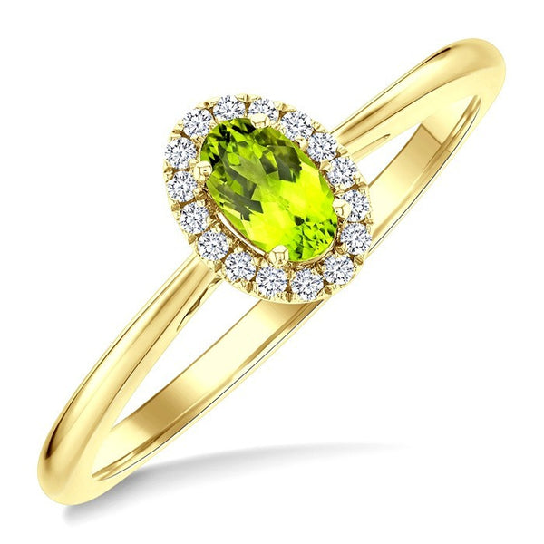 5x3 MM Oval Shape Peridot and 1/20 Ctw Round Cut Diamond Halo Semi-Precious Ring in 10K Yellow Gold