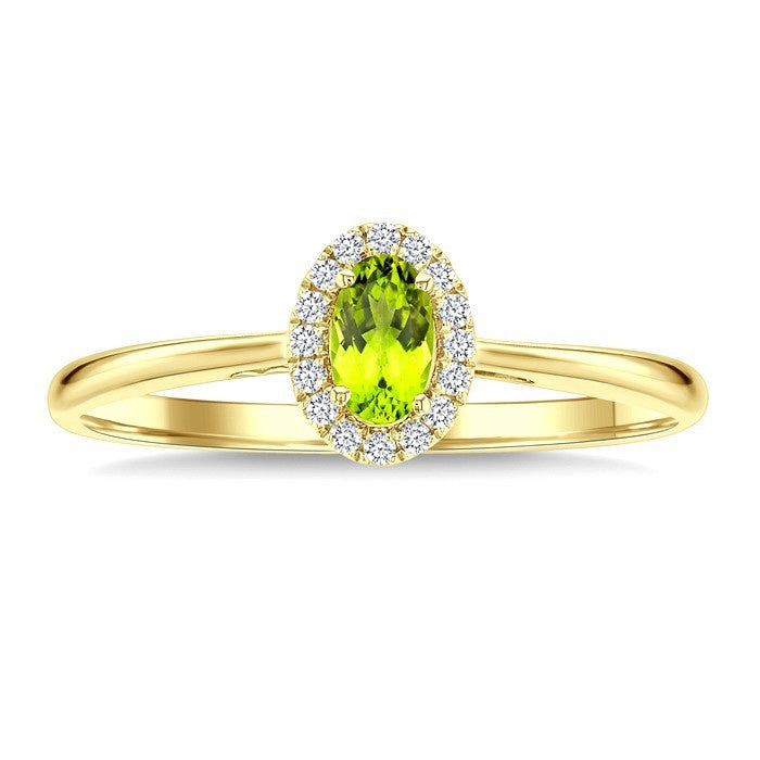 5x3 MM Oval Shape Peridot and 1/20 Ctw Round Cut Diamond Halo Semi-Precious Ring in 10K Yellow Gold
