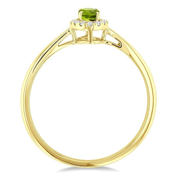 5x3 MM Oval Shape Peridot and 1/20 Ctw Round Cut Diamond Halo Semi-Precious Ring in 10K Yellow Gold