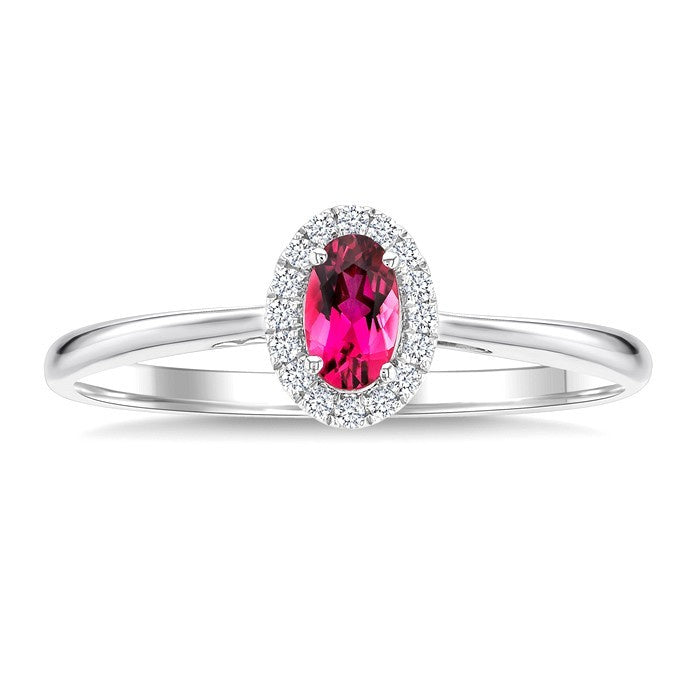5x3 MM Oval Shape Pink Tourmaline and 1/20 Ctw Round Cut Diamond Halo Semi-Precious Ring in 10K White Gold
