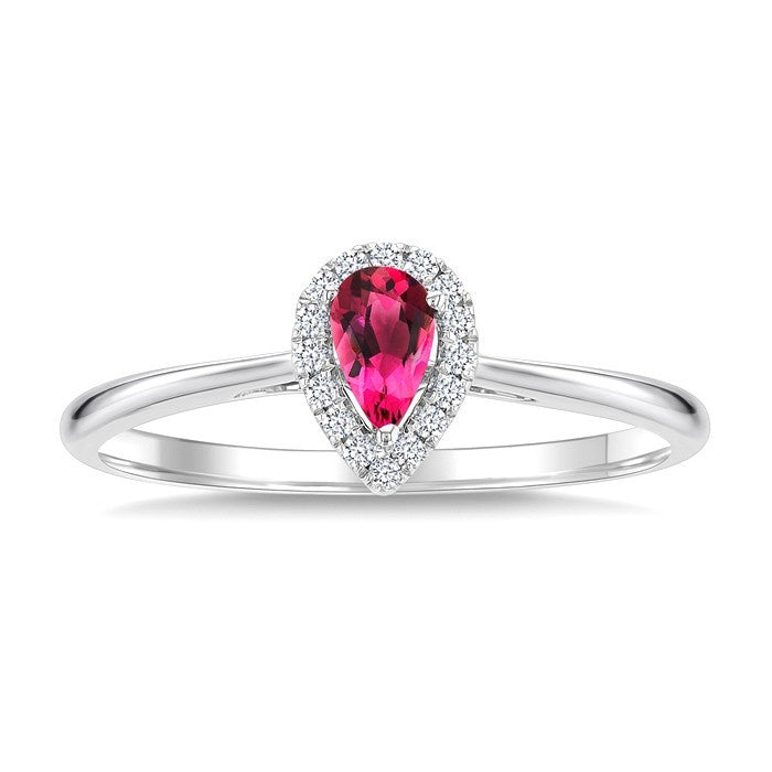 5x3 MM Pear Shape Pink Tourmaline and 1/20 Ctw Round Cut Diamond Halo Semi-Precious Ring in 10K White Gold