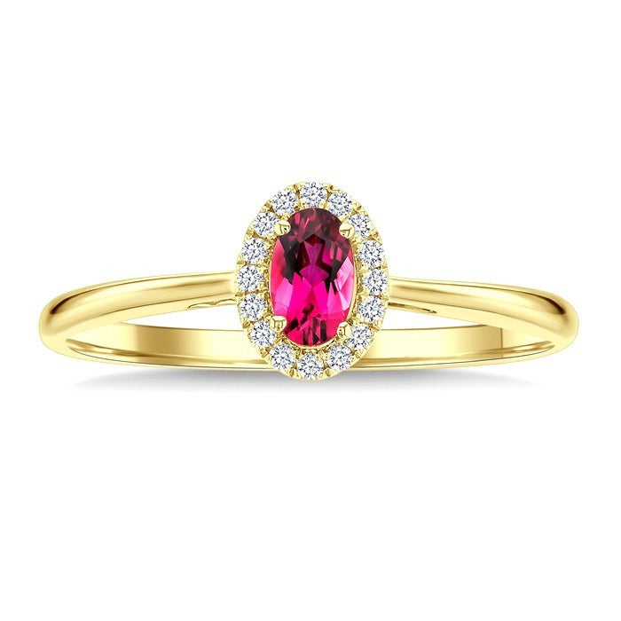 5x3 MM Oval Shape Pink Tourmaline and 1/20 Ctw Round Cut Diamond Halo Semi-Precious Ring in 10K Yellow Gold