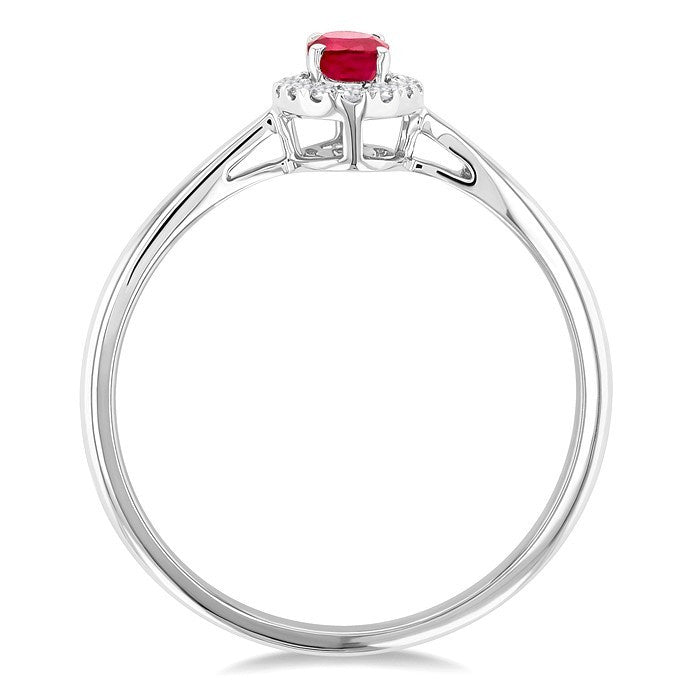 5x3 MM Oval Shape Ruby and 1/20 Ctw Round Cut Diamond Halo Precious Ring in 10K White Gold