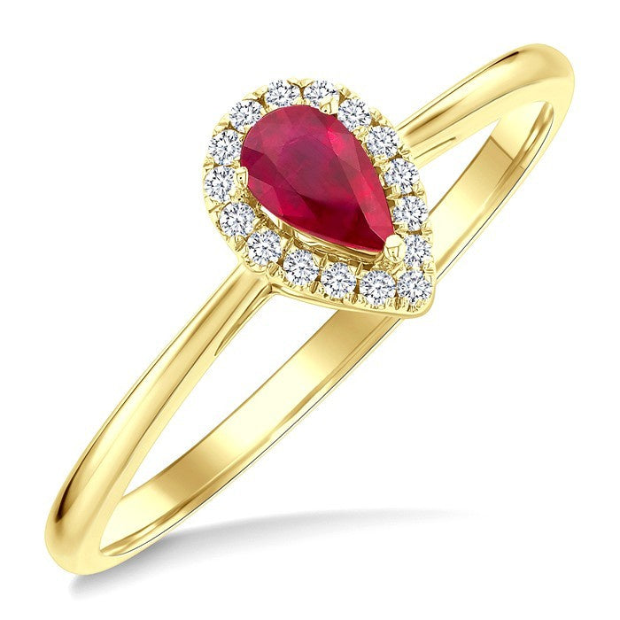 5x3 MM Pear Shape Ruby and 1/20 Ctw Round Cut Diamond Halo Precious Ring in 10K Yellow Gold