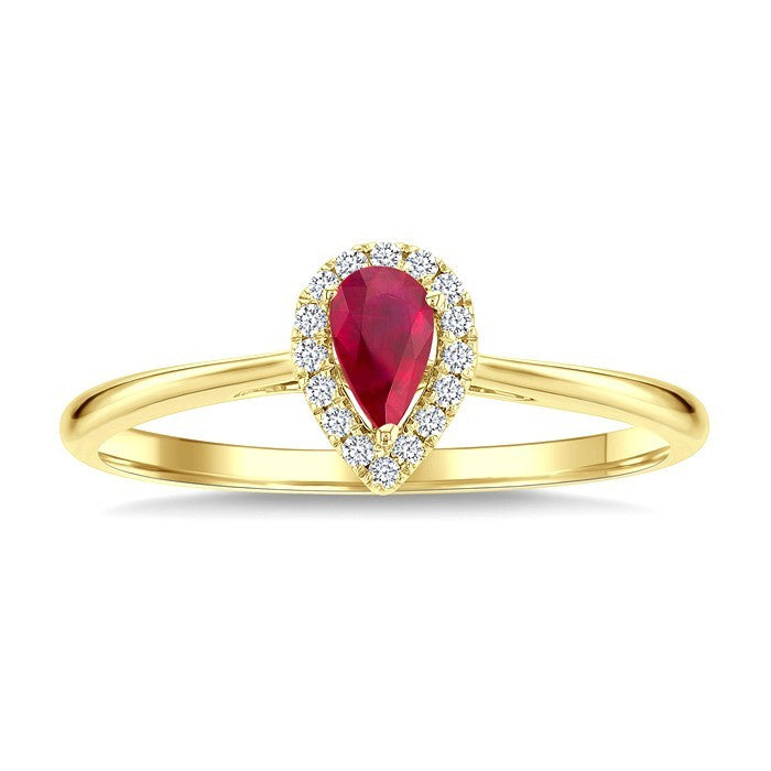 5x3 MM Pear Shape Ruby and 1/20 Ctw Round Cut Diamond Halo Precious Ring in 10K Yellow Gold