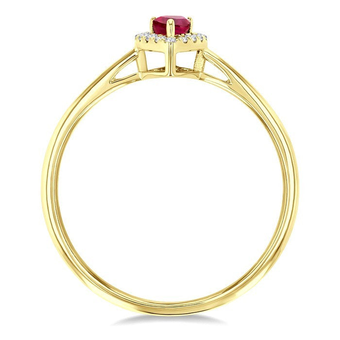 5x3 MM Pear Shape Ruby and 1/20 Ctw Round Cut Diamond Halo Precious Ring in 10K Yellow Gold