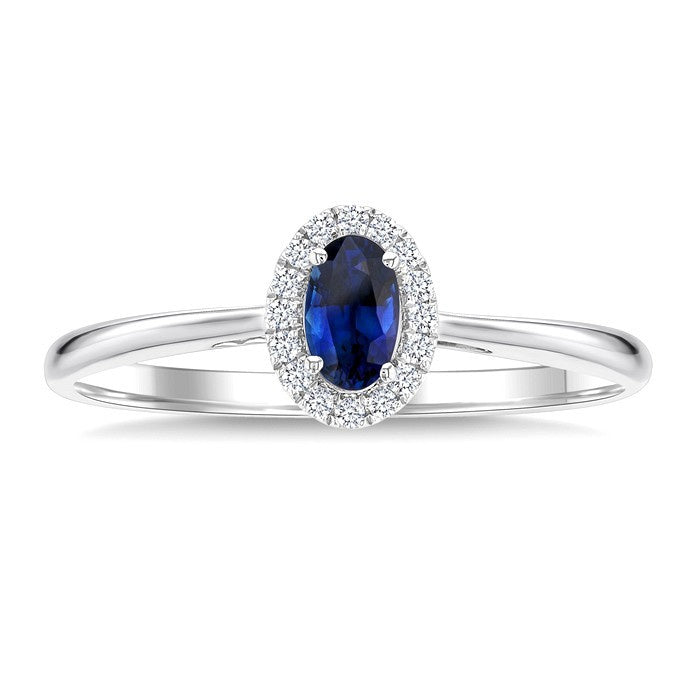5x3 MM Oval Shape Sapphire and 1/20 Ctw Round Cut Diamond Halo Precious Ring in 10K White Gold